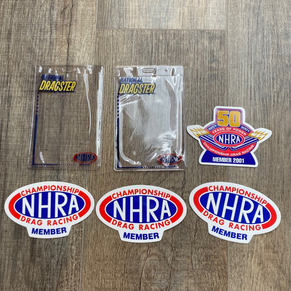 Vintage NHRA Drag Racing Member Decals & National Dragster Badge Holders 6pc Lot